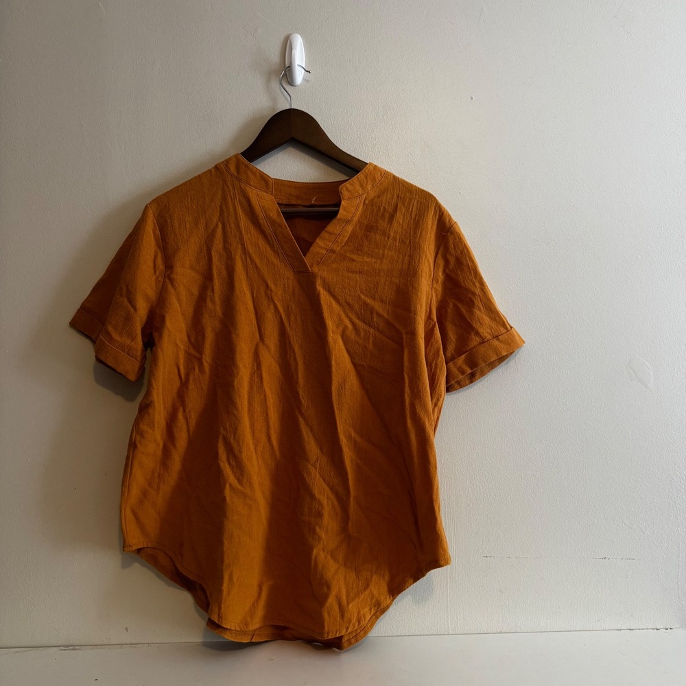 Women's Burnt Mustard 100% Cotton V-Neck Short Sleeve Cuffed Blouse Top